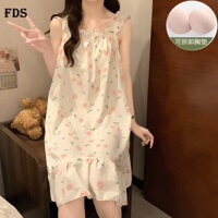 Đồ ngủ cotton bong bóng mùa hè FDS cho phụ nữ có đệm ngực, áo vest có dây đeo có thể tháo rời, đồ ngủ mùa hè