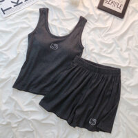 Đồ ngủ cotton modal phong cách rừng hoạt hình Hello Kitty cho phụ nữ, bộ đồ mặc mùa hè với áo vest và quần short, bộ đồ thư giãn 3RCJ