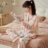 Đồ ngủ cotton nguyên chất mùa xuân và mùa thu cho phụ nữ, bộ đồ dài tay và quần dài cho bà bầu, đồ mặc ở nhà toàn cotton cho phụ nữ sau sinh và cho con bú, bán buôn