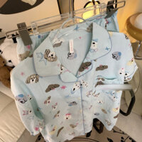 Đồ ngủ cotton nữ quần dài tay cardigan mùa xuân và mùa thu phim hoạt hình dễ thương màu xanh chó Homewear
