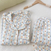 Đồ ngủ cotton nữ quần dài tay cardigan mùa xuân và mùa thu Dễ thương Gấu Xanh hoạt hình mặc nhà