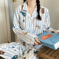 Đồ ngủ cotton nữ quần dài tay cardigan mùa xuân và mùa thu phim hoạt hình sọc xanh mặc nhà phù hợp với lỏng lẻo và thoải mái