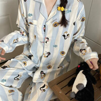 Đồ ngủ cotton quần dài tay nữ cardigan mùa xuân và mùa thu hoạt hình mặc nhà phù hợp với phong cách Hàn Quốc chim cánh cụt sọc xanh