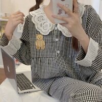 Đồ ngủ dài tay caro viền ren