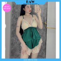 Đồ Ngủ Hai Dây Phối Ren Sexy Quyến Rũ Có Mút Ngực Thương Hiệu Baw, Chất Liệu Lụa Satin Mát Mịn DN20 hình thật shop tự chụp - Xanh - ONE SIZE  40-60kg