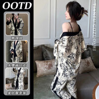 Đồ ngủ in hoa phong cách mực FDS Áo Cardigan nữ mùa hè quần yếm cao cấp Bộ ba chiếc rộng rãi thoải mái