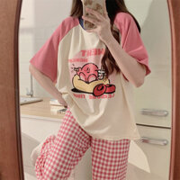 đồ ngủ kirby Bộ áo thun ngắn tay Bộ đồ ngủ Bộ đồ ngủ màu hồng Hoạt hình dễ thương pijama
