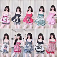 Đồ Ngủ, Mặc Nhà Nữ Quần Đùi + Áo 2 Dây Nhún Bèo Lụa Xước In 3D