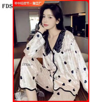 Đồ ngủ mẫu mới Thu Đông Nữ Áo cardigan cổ bẻ nhung kim cương vàng dài tay quần dài hai chiếc Bộ đồ mặc nhà mềm mại và thoải mái ngọt ngào