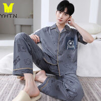 Đồ ngủ nam mùa hè quần dài ngắn tay 100% cotton mỏng cardigan Size Lớn đồ mặc nhà Bộ hai chiếc nam mùa hè