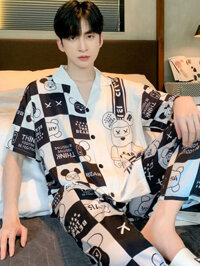 Đồ ngủ nam quần dài ngắn tay 100% cotton mùa hè phục vụ tại nhà bộ đồ cỡ lớn 100% cotton thanh niên