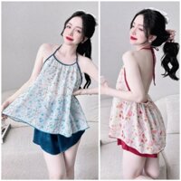 Đồ ngủ nữ Áo Yếm 2 Dây Quần Đùi Đồ ngủ sexy ( Shop có che tên sp ) chất Lụa Voan, Latin mềm mát Đồ Ngủ Nữ Cao Cấp