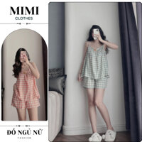 Đồ ngủ nữ bộ mặc nhà 2 dây kẻ caro thêu gấu siêu xinh cho nàng MIMI CLOTHES 32736