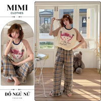 Đồ ngủ nữ, bộ mặc nhà nữ cộc tay họa tiết mix quần suông kẻ caro siêu xinh trẻ trung năng động MIMI CLOTHES hcom25341