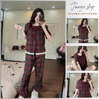 Đồ ngủ nữ, bộ mặc nhà pijama cộc tay cổ sen thắt dây nơ ngực họa tiết kẻ ô phối màu trẻ trung năng động Juvigo HCOM25169