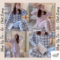 Đồ Ngủ Nữ Bộ Mặc Nhà Pijama Họa Tiết Kẻ Caro 2 Màu Xanh Hồng Dài Tay Chất Liệu Lụa Sữa Mềm Mại Đủ Size M L XL XXL