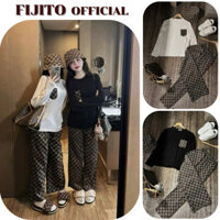 Đồ ngủ nữ bộ mặc nhà set đồ nữ dài tay phối quần kẻ caro siêu sang FIJITO hcom3028