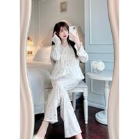 Đồ Ngủ Nữ, Bộ Ngủ Nữ, đồ bộ tiểu thư, đồ ngủ nữ, đồ bộ nữ mặc nhà đũi, pijama tay dài gấu bèo kute đũi mềm loại 1