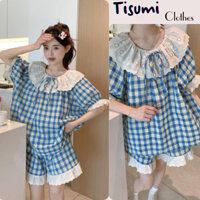 Đồ ngủ nữ, bộ pijama cao cấp kẻ caro xanh blue mix quần short ngắn viền bèo cực xinh Tisumi Clothes HCOM25474