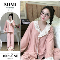 Đồ ngủ nữ, bộ pijama dài tay thu đông phối màu hồng họa tiết ren siêu xinh MIMI CLOTHES hcom3593