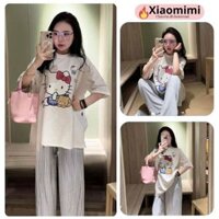 Đồ ngủ nữ cotton hình mèo áo thun phối quần dài kẻ sọc, đồ bộ nữ đồ mặc nhà dễ thương HCOM25401 Xiaomimi