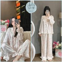 Đồ Ngủ Nữ, Đồ Bộ Tiểu Thư JULY Pijama Họa Tiết Nơ Hồng Tay Dài Cổ Sen Phối Ren Chất Lụa Latin Mềm Mịn Freesize