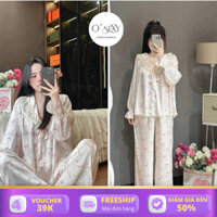 Đồ Ngủ Nữ, Đồ Bộ Tiểu Thư OSEXY Pijama Họa Tiết Nơ Hồng Tay Dài Cổ Sen Phối Ren Chất Lụa Latin Mềm Mịn Freesize