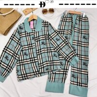 Đồ ngủ nữ lụa maingo pijama kẻ BBR dài tay thu đông cổ sen-D019