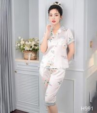 Đồ ngủ nữ lụa pijama mặc nhà tay cộc quần lửng hoa hồng chữ H991