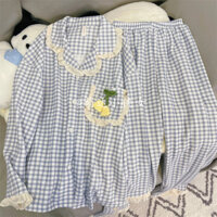 Đồ ngủ nữ mùa xuân và mùa thu phong cách Hàn Quốc mới màu xanh hoa kẻ sọc đồ ngủ học sinh quần dài tay