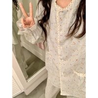 Đồ ngủ nữ phong cách Ins, ren chấm bi, túi đôi, thời trang mùa xuân và mùa thu, bộ đồ mặc trong nhà phong cách Hàn Quốc mới