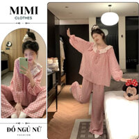Đồ ngủ nữ pijama bộ mặc nhà dài tay kẻ caro cổ tròn chất đũi lụa siêu xinh MIMI CLOTHES hcom3122