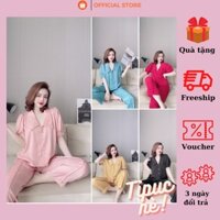 Đồ ngủ nữ, Pijama chất liệu lụa Satin cao cấp, bộ đồ ngủ cổ sen quần dài xinh xắn freesize dưới 57kg -Tipuchouse