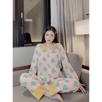 Đồ ngủ nữ pijama dài tay chất lụa maingo thu đông cổ sen hình cây xương rồng ,hoa-D023