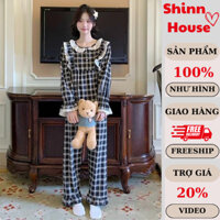Đồ ngủ nữ pijama dài tay kẻ caro phối ren trắng cổ bèo VT028 bộ mặc nhà thu đông chất cotton Shinn House
