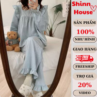 Đồ ngủ nữ pijama dài tay kẻ caro xanh phối bèo VT026 bộ mặc nhà thu đông chất cotton Shinn House