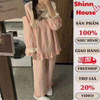 Đồ ngủ nữ pijama dài tay kẻ caro phối bèo đính nơ ngực VT027 bộ mặc nhà thu đông chất cotton Shinn House