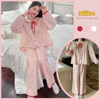 Đồ ngủ nữ pijama dài tay thu đông mẫu hồng chấm bi chất mềm mát mặc nhà đi chơi hcom2696 Miibooclothes