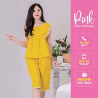 Đồ Ngủ Nữ Pijama Màu Vàng Quần Lửng Cộc Tay Mang Mùa Hè Chất Đũi Thoáng Mát Phong Cách Nữ Tính Trẻ Trung