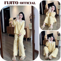 Đồ ngủ nữ pijama set đồ nữ dài tay họa tiết kẻ cổ tròn phối ren bánh bèo FIJITO hcom3218