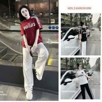Đồ ngủ nữ set đồ nữ áo phông đỏ cộc tay mix quần trắng suông sọc đỏ chữ in cực sang