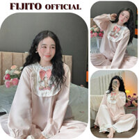 Đồ ngủ nữ set đồ nữ dài tay họa tiết phối cổ ren bèo siêu xinh FIJITO hcom3235