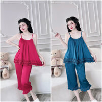 Đồ ngủ nữ sexy đồ bộ pijama áo 2 dây quần lửng phối bèo chất latin tơ tằm cao cấp.