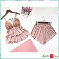 Đồ Ngủ Nữ Sexy - Đồ Ngủ 2 Dây Quần Cộc Phối Ren Chất Phi Lụa Loại 1 Quyến Rủ Cực Kỳ Mềm Mịn | Giftylady Đẹp New