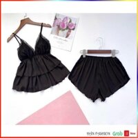Đồ Ngủ Nữ Sexy - Đồ Ngủ 2 Dây Quần Cộc Phối Ren Chất Phi Lụa Loại 1 Quyến Rủ Cực Kỳ Mềm Mịn | Hân Fashion Đẹp New