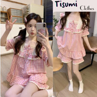 Đồ ngủ nữ,bộ pijama dễ thương Thiết Kế Kẻ Caro Hồng Pastel mix quần short xinh xỉu Tisumi Clothes HCOM25425