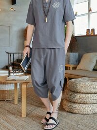 Đồ ngủ phong cách Trung Quốc quần bảy tấc vải lanh mẫu xuân thu ngắn tay cotton lanh mùa hè cho nam