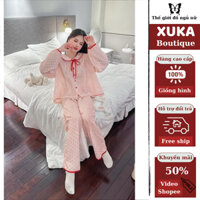 Đồ ngủ pijama bộ ngủ dài tay chất lụa họa tiết chấm bi phối màu hồng siêu xinh XUKA BOUTIQUE hcom2696