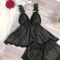 Đồ Ngủ Quần Đùi 2 Dây Chất Liệu Phi Lụa Viền Đen Dây Nhúm free size 40-55kg