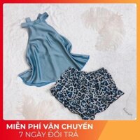 Đồ Ngủ Sexy, Đồ ngủ Yếm Phối Quần Beo Vải Satin Cao Cấp <60kg New